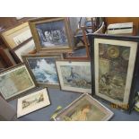 A group of seven mixed pictures to include a framed and glazed map of Norfolk, a print of a woman