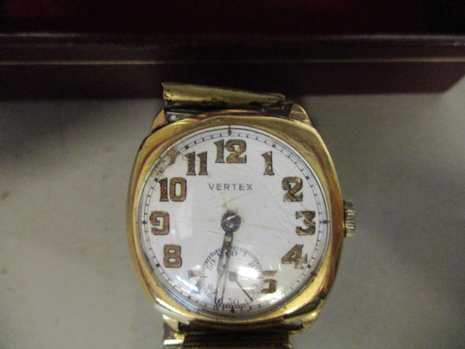 A 1940's Vertex gentleman's 9ct gold cased wrist watch with white enamelled Arabic dial with off set - Image 2 of 2