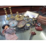 A selection of brassware to include a pair of candlesticks, a Kodak Auto Coloursnap 35, leather