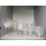 A selection of cut table glass to include Stuart crystal, pair of Waterford Nocture champagne flutes