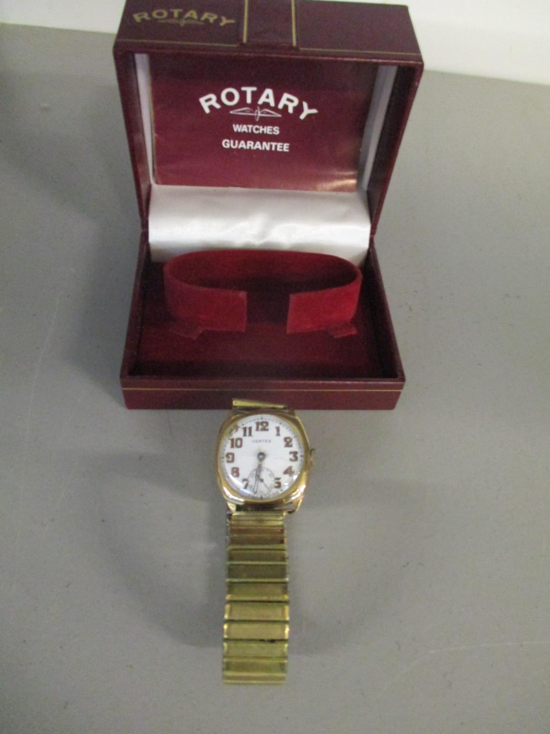 A 1940's Vertex gentleman's 9ct gold cased wrist watch with white enamelled Arabic dial with off set