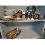 A quantity of silver plate and other metal wares to include two oval gallery trays, pair