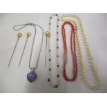 A coral necklace and pearl, gold ball and blue stone necklace, along with miscellaneous hat pins