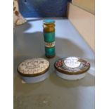 Two late 18th century English enamel pill boxes A/F, and a 19th century gilt brass and enamelled