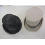 A Dunn & Co grey top hat A/F, together with a Best Quality black bowler hat A/F. Location:4:2