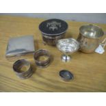 A collection of silver to include a Victorian cosmetic pot with tortoise shell lid, a cup, a trophy,