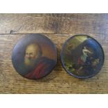 Two Georgian papier mache patch boxes, one painted with a classical Old Master style portrait of a