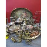 A quantity of silver plate to include tea and coffee pots together with brass ornaments and a