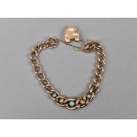 A 9ct rose gold curb link bracelet inset with turquoise and pearls, with heart locket and safety