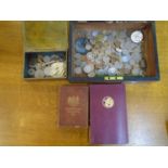 A Victorian walnut box containing coins, books, Manual of Elementary Field Engineering 1877