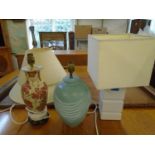 A group of three ceramic table lamps with shades Location: LAF