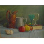 Lindahl Brown - Still life study of a copper lustre jug, a pewter mug, a shell, fruit, drinking