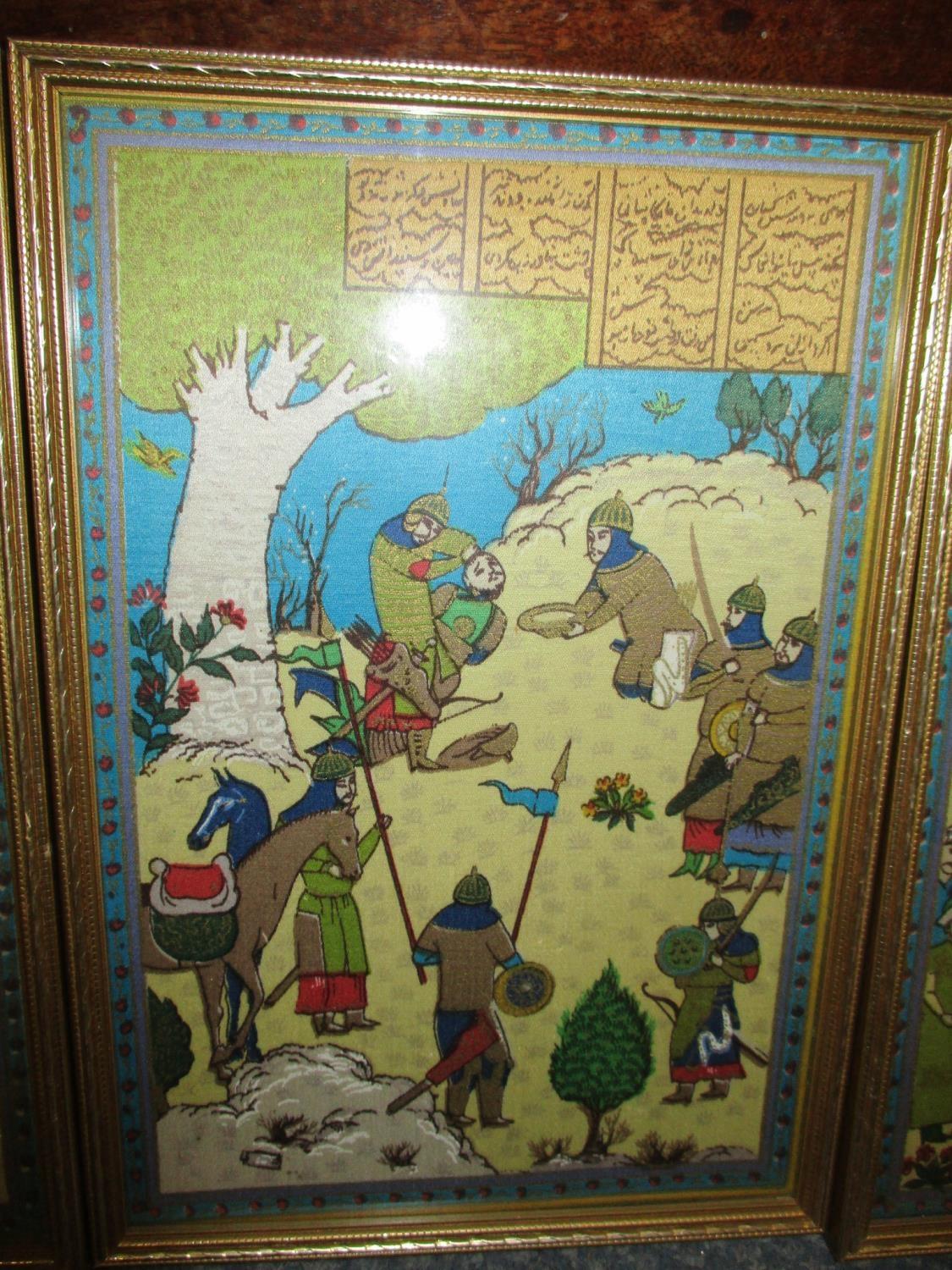 A set of three 20th century Persian silk embroideries, framed and glazed, 29 x 19xcm Location: RWB - Bild 3 aus 4