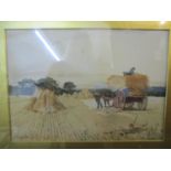 W T Dewint- A framed and glazed watercolour depicting a harvest scene with horse and cart A/F,