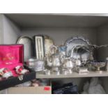 A quantity of mixed silver plated items and silver coloured trinket box to include a centrepiece,