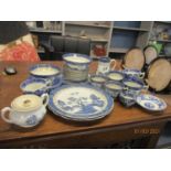 A mixed lot of china and glassware to include blue and white part tea sets, a Victorian tea set (