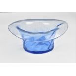 A mid century design hand blown blue glass vase in the shape of a top hat, possibly by Webbs,
