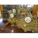 Two Victorian ornate gilt metal mantle clocks A/F together with a 19th century gilt metal and wood