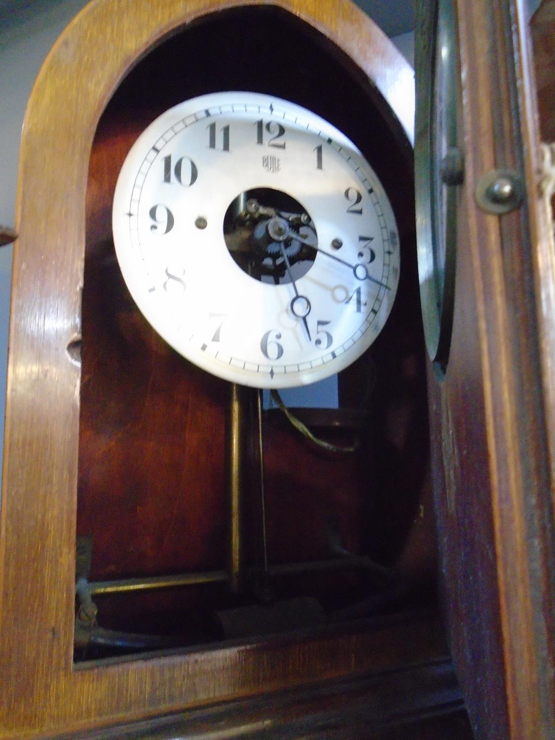 Two early 20th century Bulle patent mantle clocks, one in a light oak case with arched inlaid walnut - Image 3 of 5
