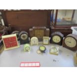 A collection of eleven 20th century clocks to include two Bakelite, Ato and Smiths examples, A/F