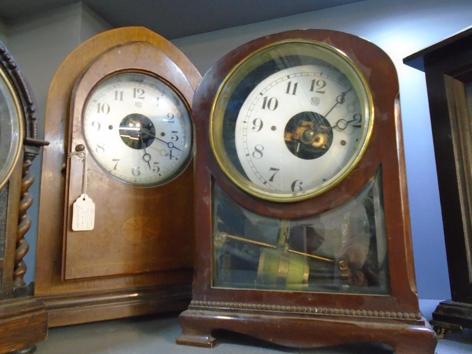 Two early 20th century Bulle patent mantle clocks, one in a light oak case with arched inlaid walnut - Image 2 of 5