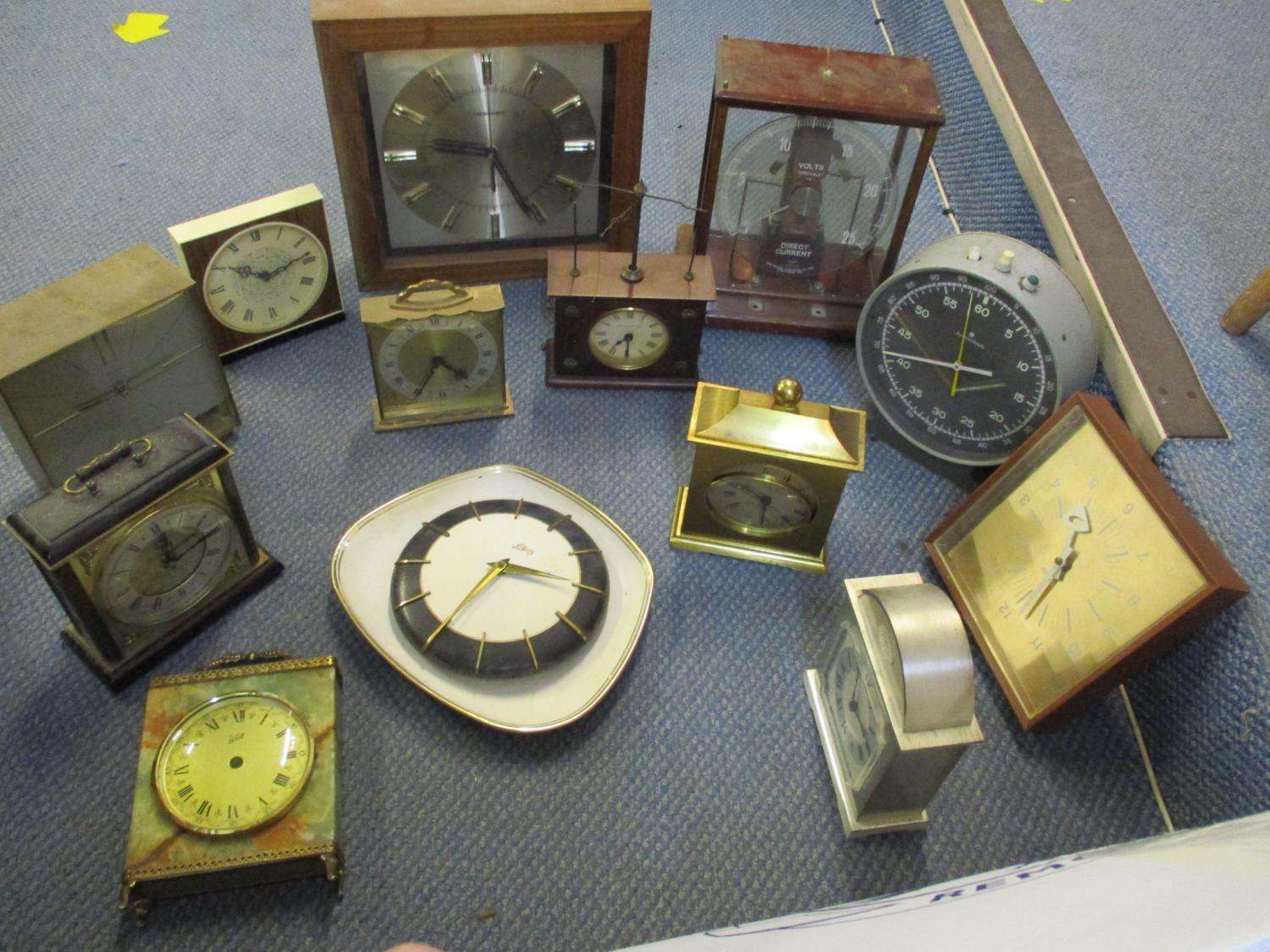 A selection of mantle and wall clocks to include a Hettich clock, a Jerome & Co pat. Oct 3rd 1883