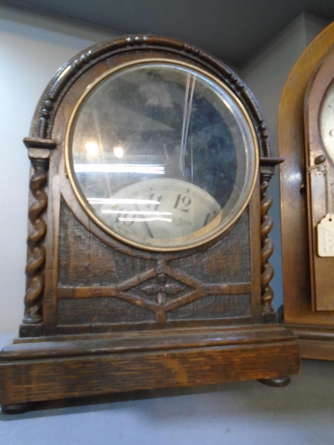 Two early 20th century Bulle patent mantle clocks, one in a light oak case with arched inlaid walnut - Image 5 of 5