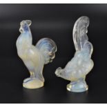 Two Sabino opalescent glass models a rooster and hen, one with original paper label to underside and