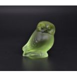 A René Lalique frosted and clear lime green 'nyctal owl' paperweight, with etched 'Lalique R France'