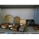 A mixed lot of coins, Indian brass trays, boxes and other items, along with a Victorian shell