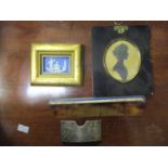 Collectables to include a 19th century silhouette, a blue Jasper stoneware plaque, an enamelled comb