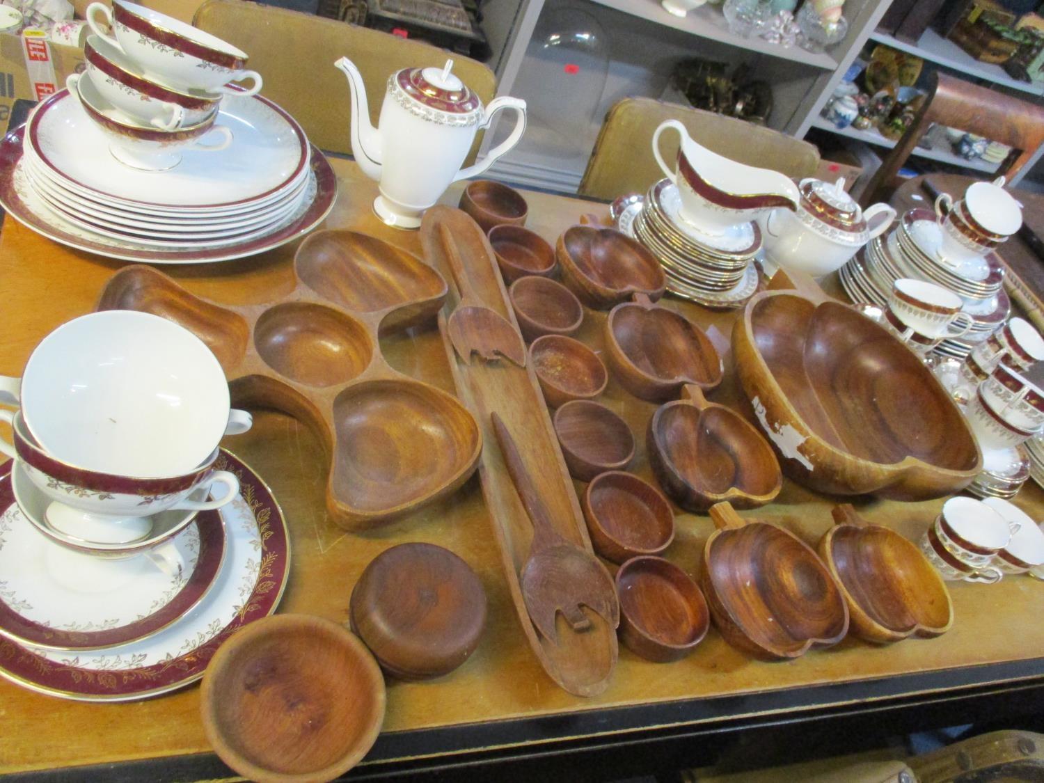 Retro teak tableware together with a Royal Stafford part dinner service and matched china