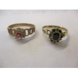 Two 9ct gold rings stamped 375 comprising a ruby and white sapphire flower ring size T, total weight