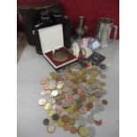 A small quantity of mixed worldwide coins and notes, together with a Kodak end of service medal