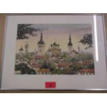 Twentieth century Russian school - a view of a town, a watercolour signed indistinctly and dated