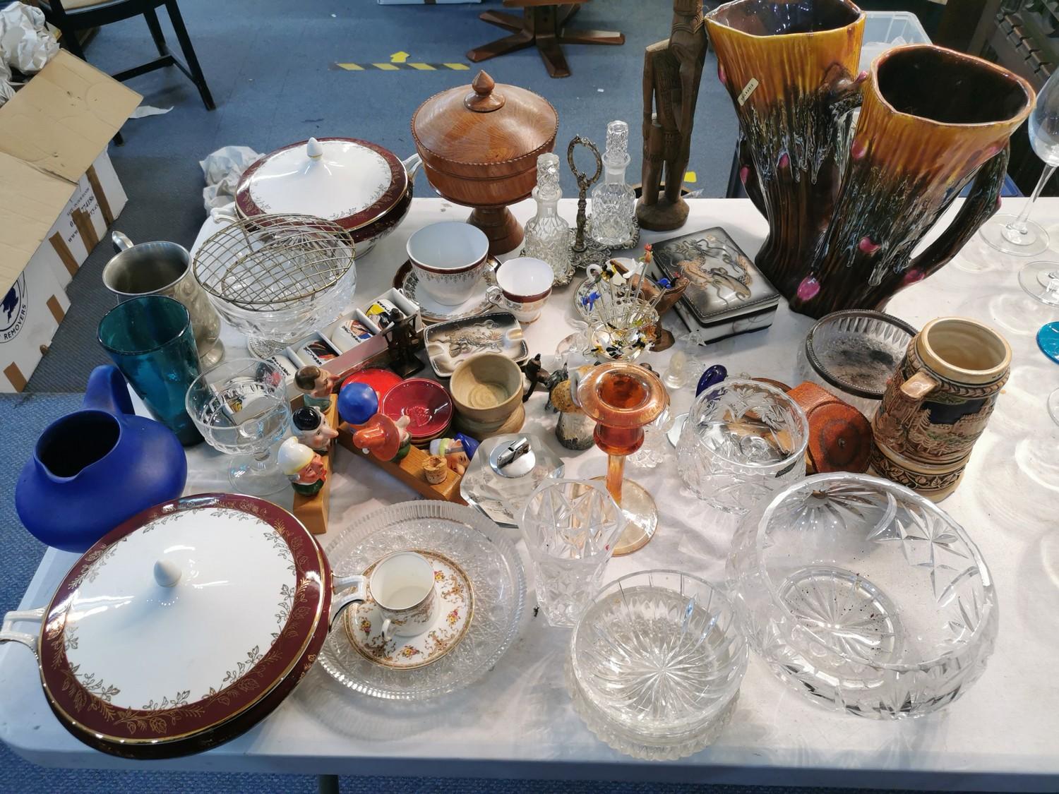 A mixed collection of ceramics and cut glass comprising two lidded Simpsons tureens, a Vallauris