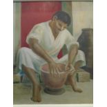 D S Rogers - a mid-century study of an Indian potter seated in front of a building with a red door