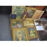 A pair of framed oleographs of courting couples, mixed prints, a gold coloured mirror, a Comic