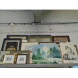 A quantity of watercolours, signed limited edition prints, an ink drawing signed D Whitelock, and
