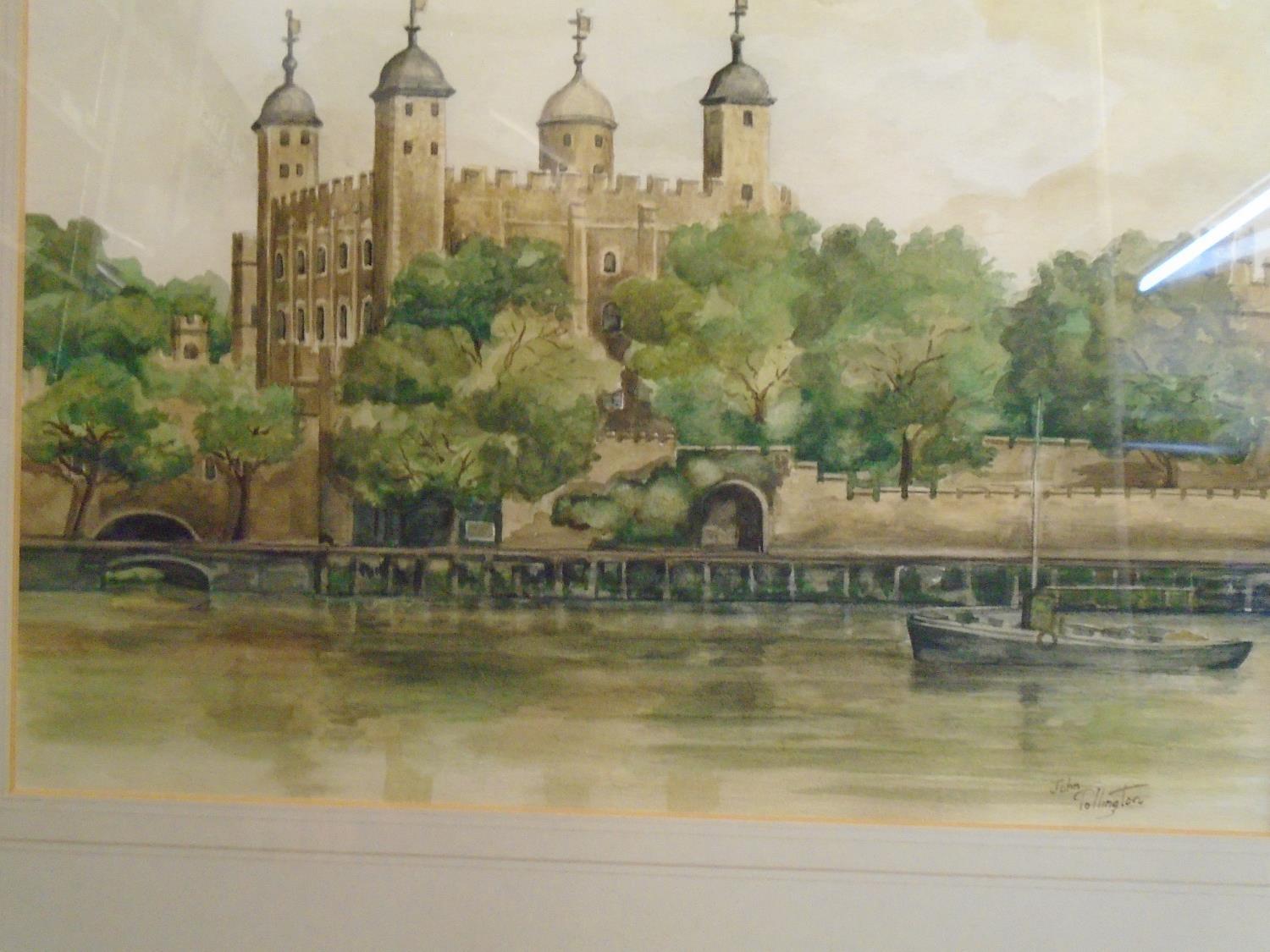 John Pollington - view of the Tower of London from across the River Thames with trees and a sail