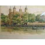 John Pollington - view of the Tower of London from across the River Thames with trees and a sail