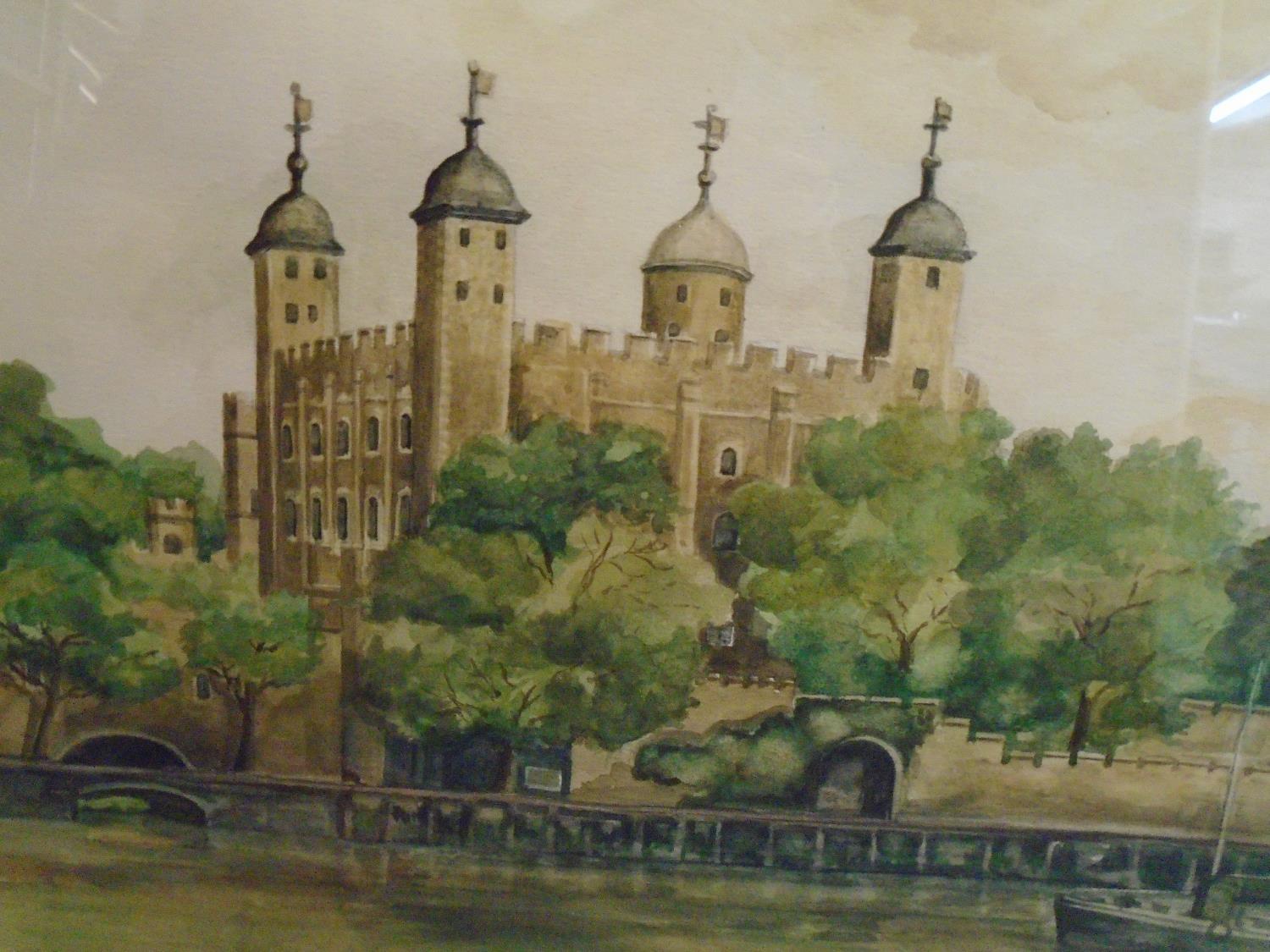 John Pollington - view of the Tower of London from across the River Thames with trees and a sail - Image 4 of 5