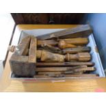 A small box of wooden woodworking moulding planes Location: LWB