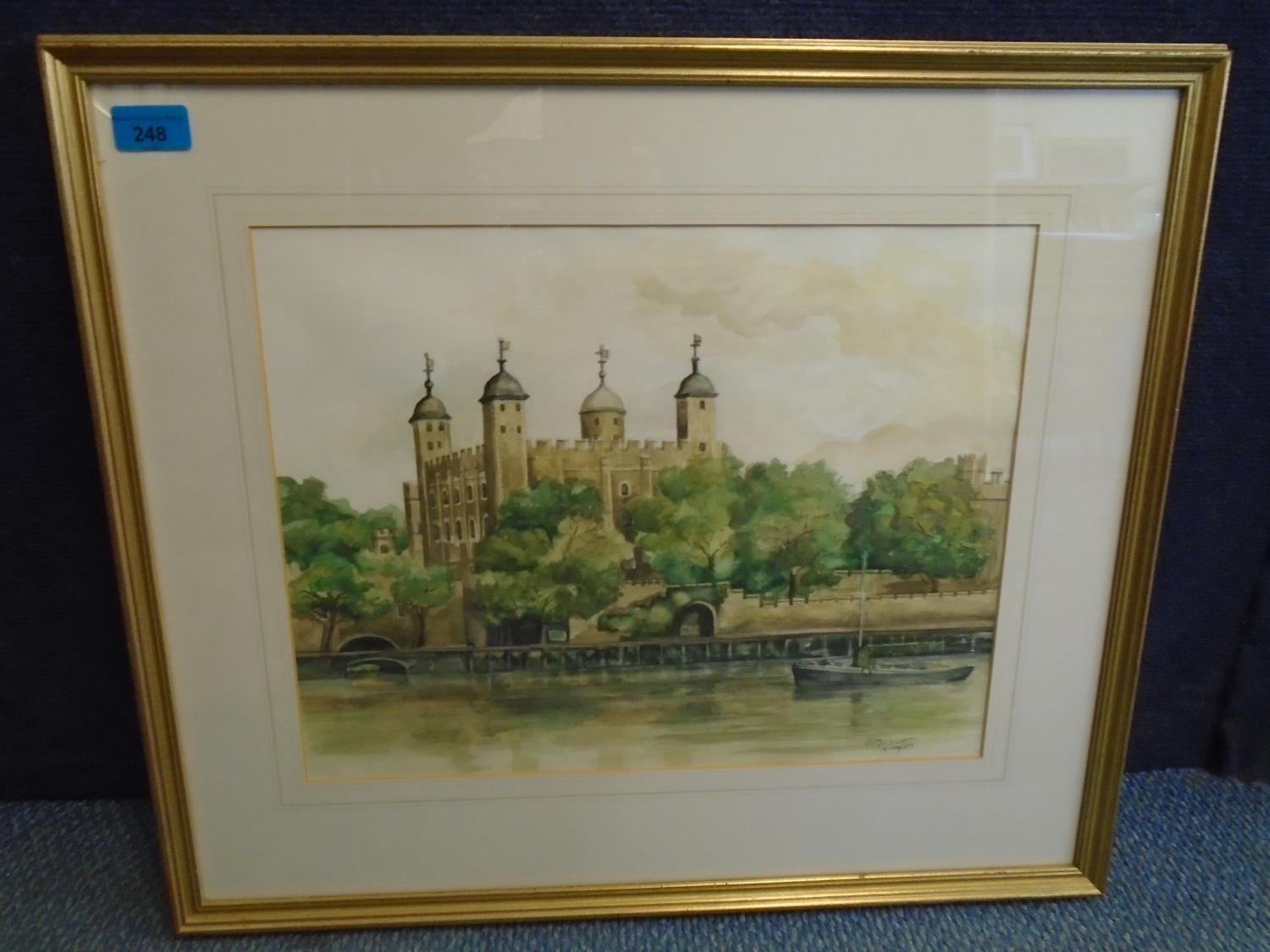 John Pollington - view of the Tower of London from across the River Thames with trees and a sail - Image 2 of 5