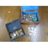 A Victorian mahogany box and a metal cash tin containing mainly British coinage from first half of