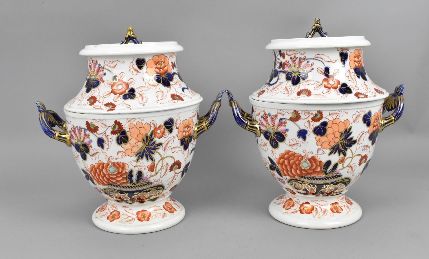 A pair of English porcelain Imari pattern ice-pails, possibly Coalport, early 19th century, with