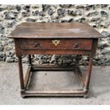 A William and Mary oak side table, of rectangular form with single front drawer mounted with pierced