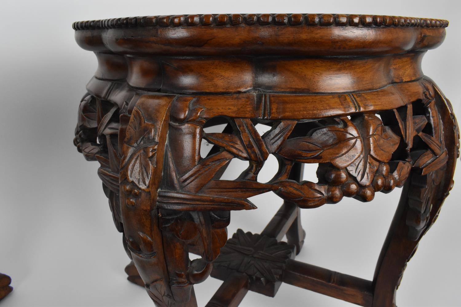 A pair of Chinese carved hardwood and marble jardiniere stands, with beaded rim and pierced - Image 4 of 6