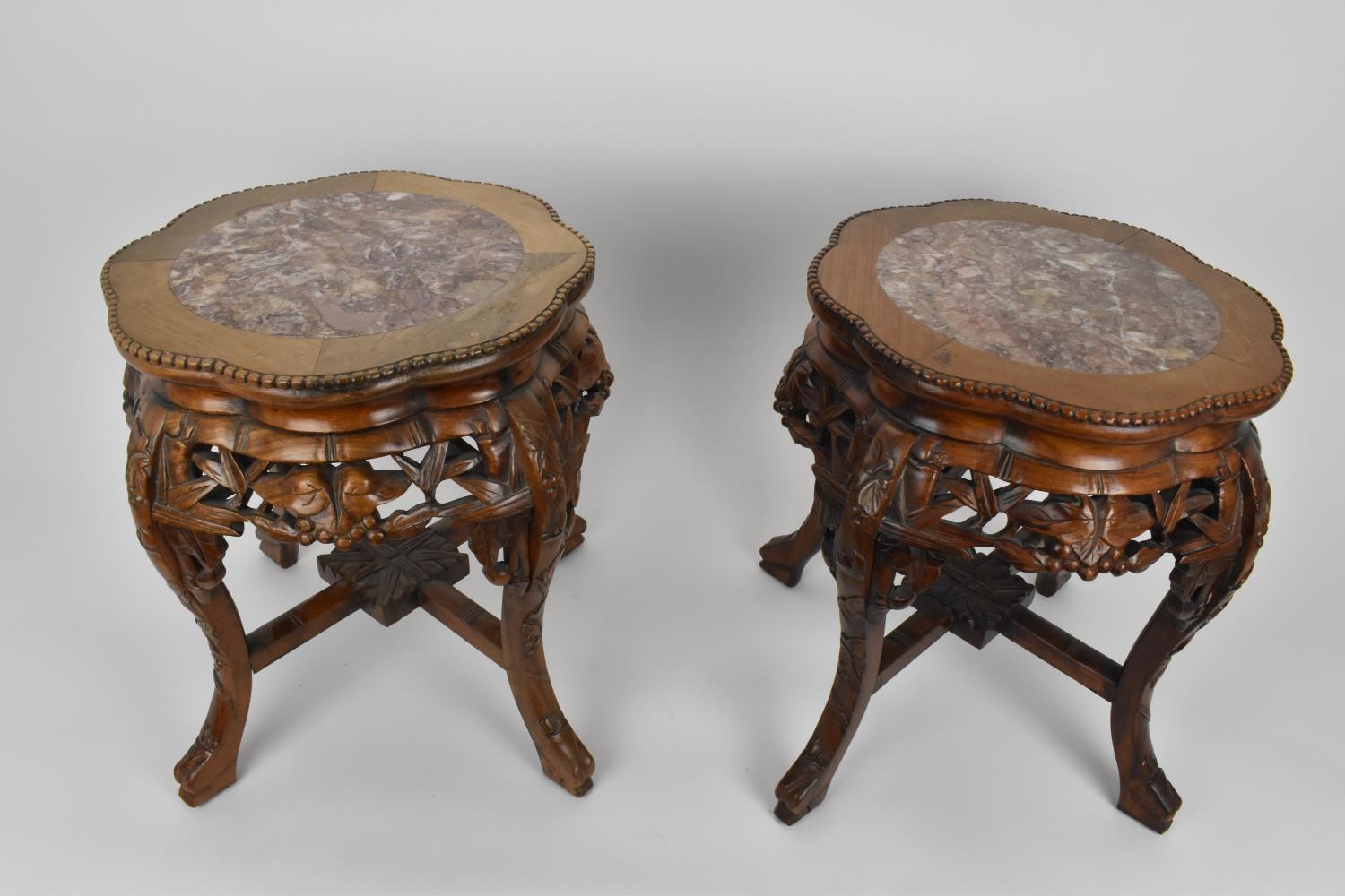A pair of Chinese carved hardwood and marble jardiniere stands, with beaded rim and pierced - Image 2 of 6