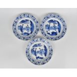 Three Chinese Kangxi blue and white porcelain plates, of circular form with central scene